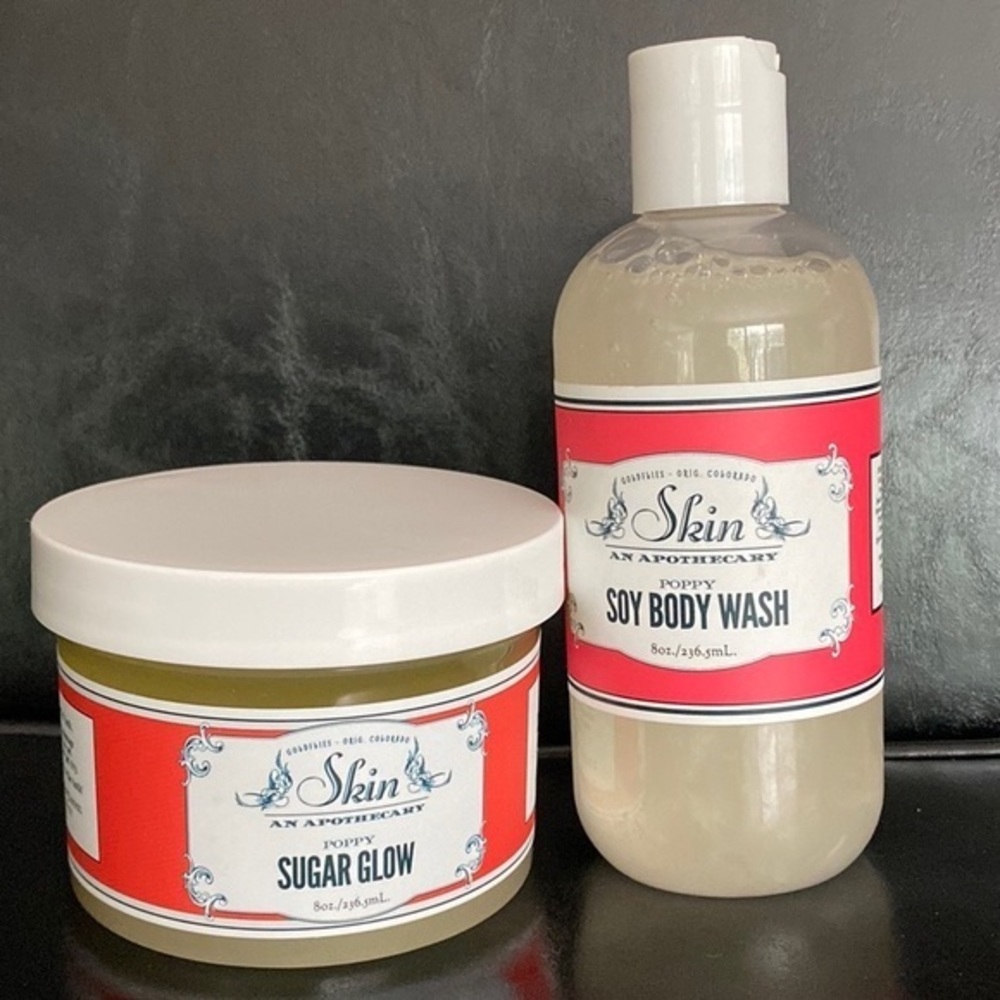 Skin An Apothecary- POPPY - Sugar Glow Scrub and Soy Body Wash (New, Unopened)